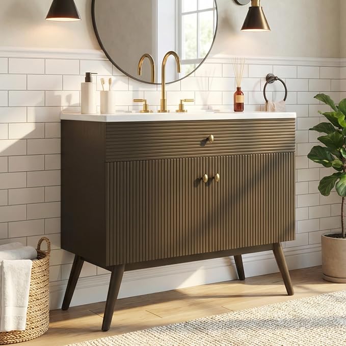 36 Inch Luxury Striped Dark Brown Vanity with Premium Ceramic Sink, Modern Bathroom Storage Cabinet with Soft-Close Dual-Door Storage, Freestanding Sink Vanity for Space Saving (Dark Brown, 36")