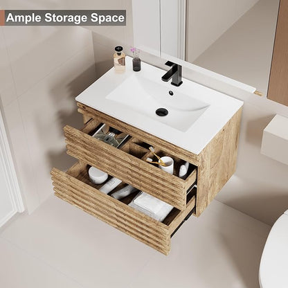 LUCKWIND 30" Floating Bathroom Vanity with Sink, Mid-Century Wall Mounted Big Drawer Cabinet with Large Sink, Water Saving Faucet and Wood Stripes Style, Oak