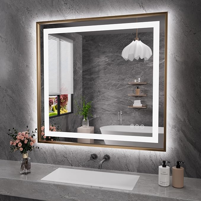 40"X38" LED Bathroom Mirror with Front Lit and Backlit(Brushed Gold) | Metal Framed Mirror, Stepless Dimmable, Anti-Fog, HD Reflection, Shatter-Proof, Memory, 3 Colors, Double LED Vanity Mirror.