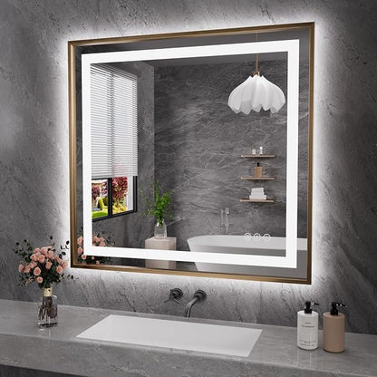 40"X38" LED Bathroom Mirror with Front Lit and Backlit(Brushed Gold) | Metal Framed Mirror, Stepless Dimmable, Anti-Fog, HD Reflection, Shatter-Proof, Memory, 3 Colors, Double LED Vanity Mirror.