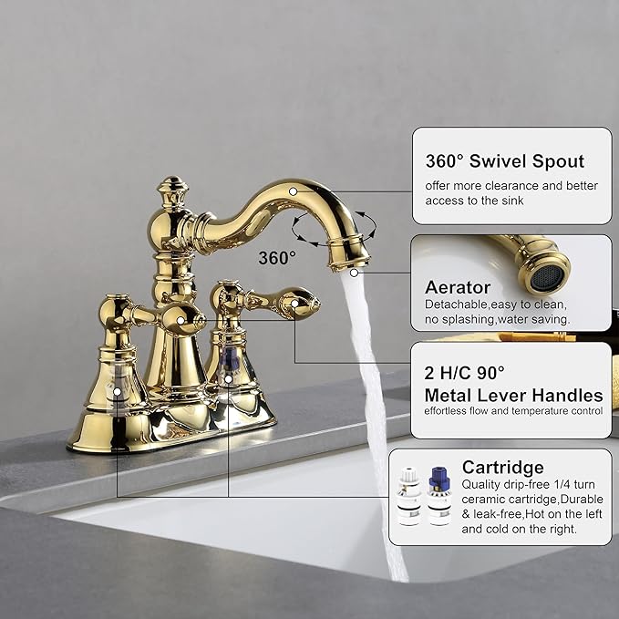Two Handle Polished Brass Bathroom Faucet 3 Hole with Pop up Drain Assembly, Classic 4 Inch Centerset Lavatory Faucet with 360° Swivel Spout,F-0048-PB