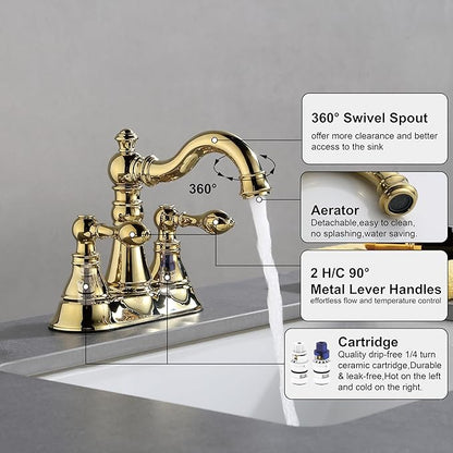 Two Handle Polished Brass Bathroom Faucet 3 Hole with Pop up Drain Assembly, Classic 4 Inch Centerset Lavatory Faucet with 360° Swivel Spout,F-0048-PB