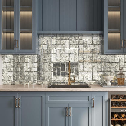 Peel and Stick Beveled Sliver Antique Mirror Tile Subway Mirror Glass Backsplash 3x6 Inch for Kitchen Bathroom Wall