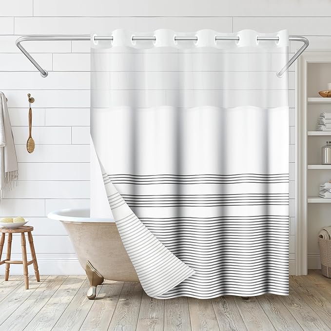 Americanflat 72x75 Hookless Shower Curtain - Water-Resistant Striped Shower Curtain with Sheer Panel, Snap-in Liner, and Durable Grommets - 100% Polyester - Black and White