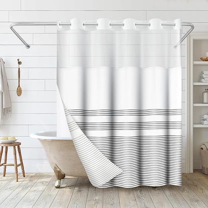 Americanflat 72x75 Hookless Shower Curtain - Water-Resistant Striped Shower Curtain with Sheer Panel, Snap-in Liner, and Durable Grommets - 100% Polyester - Black and White