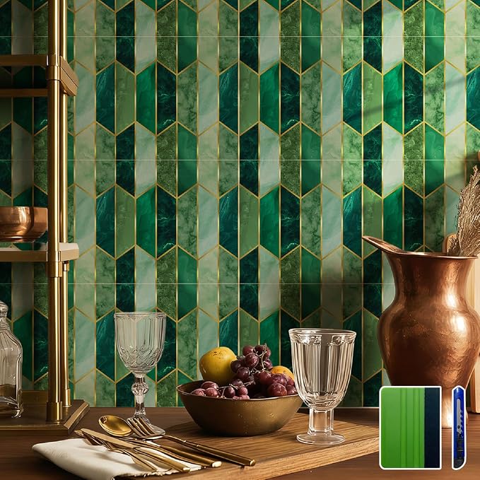 funlife Holographic Emerald Art Deco Peel and Stick Backsplash Self-Adhesive PVC Wall Tiles Easy DIY with Tools for Kitchen Bathroom and Laundry Room 5.9"x5.9"x50-Sheet Chevron Emerald