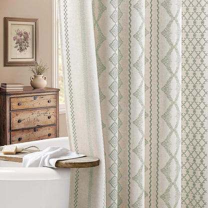 Sage Green Shower Curtain,Boho Linen Fabric for Bathroom with Striped Print,72" W x 72" L