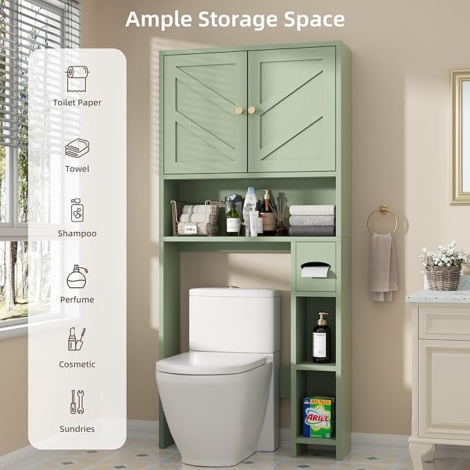 Shintenchi Over the Toilet Storage Cabinet, Bathroom Storage Cabient with Barn Doors, Bathroom Storage Shelf Organizer with Toilet Paper Holder, Adjustable Shelf and Anti-Tip Device, Green