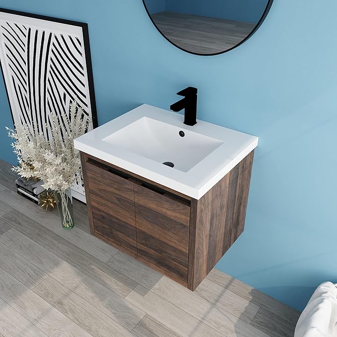 24 Inch Bathroom Vanity with Sink, 24" Floating Vanity, Premium Plywood Wooden Bathroom Cabinet with 2 Doors, Modern Wall Mounted Cabinet Set with White Ceramic Sink, Silent Operation (Brown)