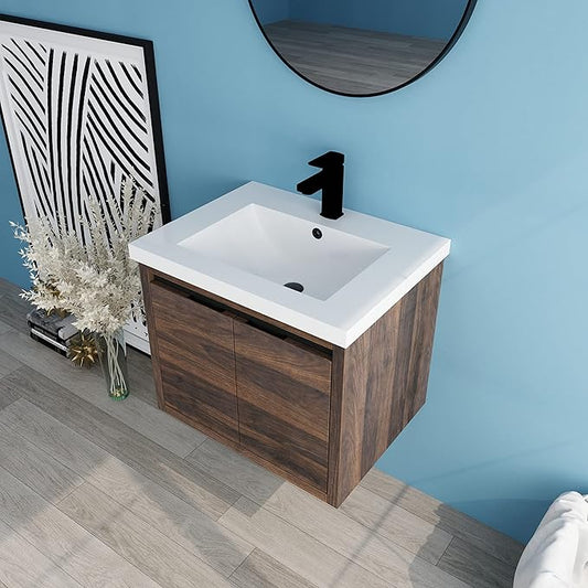 24 Inch Bathroom Vanity with Sink, 24" Floating Vanity, Premium Plywood Wooden Bathroom Cabinet with 2 Doors, Modern Wall Mounted Cabinet Set with White Ceramic Sink, Silent Operation (Brown)