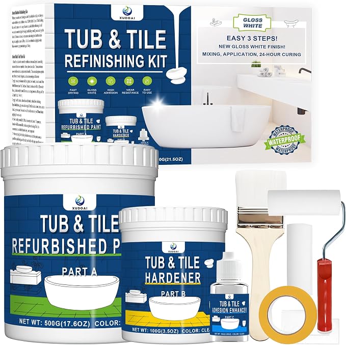 XUDOAI Bathtub Refinishing Kit Gloss White 21.5oz Tub Paint Reglazing | Tub and Tile Refinishing Kit with Tools, Paint for Bathroom/Kitchen/Shower/Porcelain/Sink/Ceramic