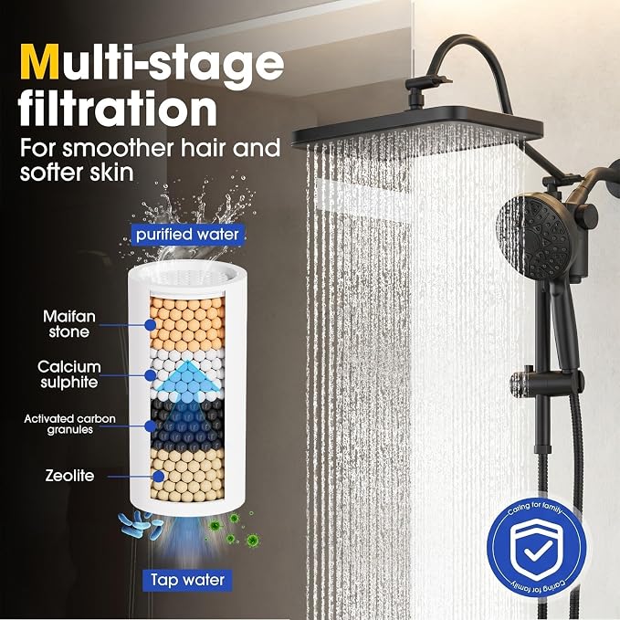 12" Filtered Shower Head with Handheld Rain Shower Head with Filters | Shower Filter Head for Hard Water,High Pressure,Dual Rainfall Shower Heads with Adjustable Extension Arm & Slide Bar,Black