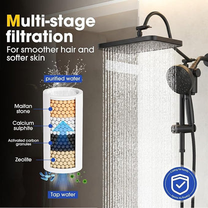 12" Filtered Shower Head with Handheld Rain Shower Head with Filters | Shower Filter Head for Hard Water,High Pressure,Dual Rainfall Shower Heads with Adjustable Extension Arm & Slide Bar,Black
