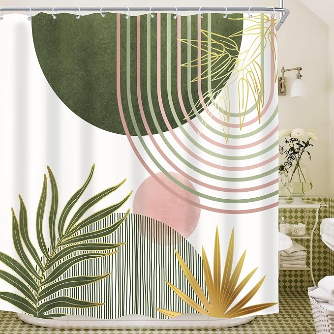Mid Century Sage Green Pink Boho Abstract Bathroom Shower Curtain Set | 72Wx72L S Plant design, waterproof HD print with fast-drying fabric and 12 hooks.