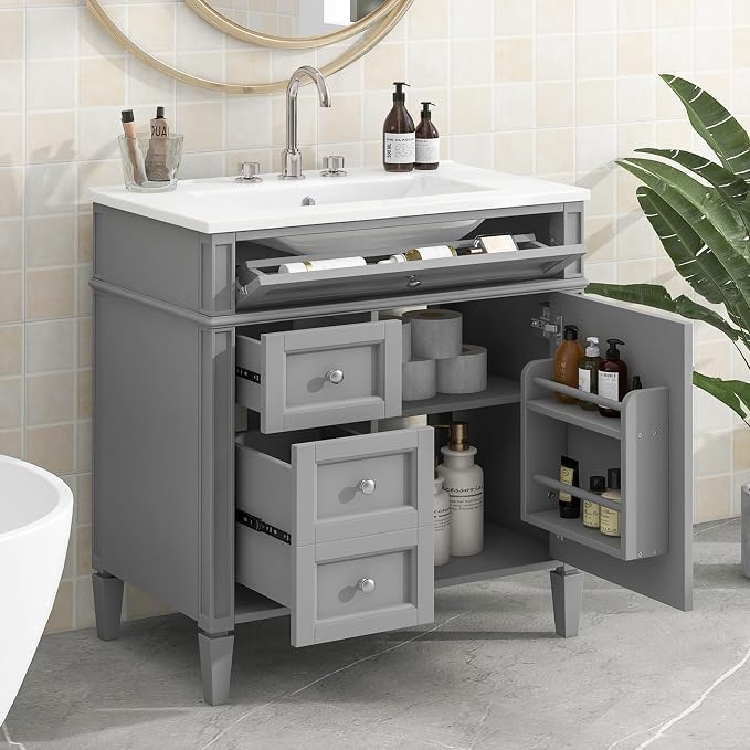 Merax 30 inch Bathroom Vanity with Ceramic Sink, Solid Wood Frame Modern Bathroom Sink Storage Cabinet with 2 Drawers and a Tip-Out Drawer, Single Sink Bathroom Vanities, Grey