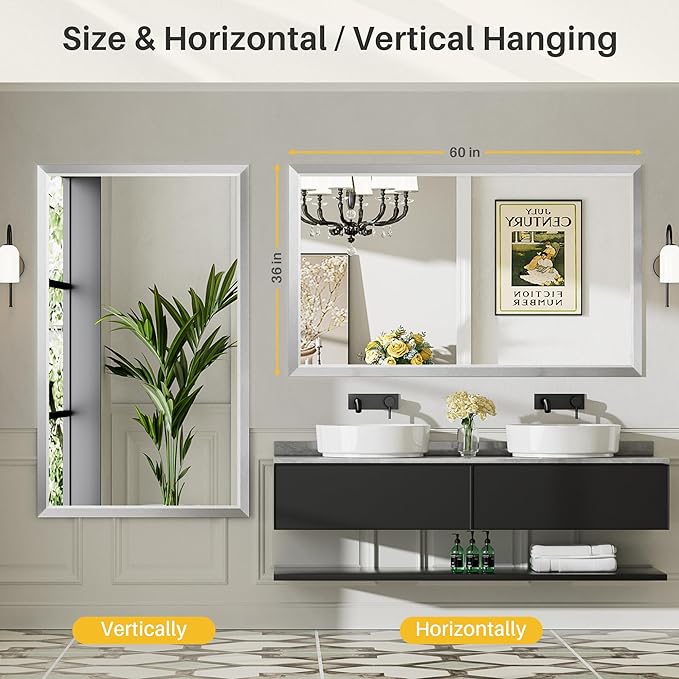60x36 Inch Brushed Silver Bathroom Mirror for Wall, Thick Metal Framed Rectangle Mirrors for Over Sink, Bedroom, Living Room, Entryway, Anti-Rust, HD Tempered Glass