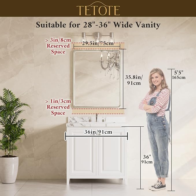 Brushed Gold Mirrors for Wall 30 x 36 Beveled Edge Tempered Glass, Rounded Corner Rectangle Framed Mirror for Modern Bathroom, Living Room, Bedroom, Entryway