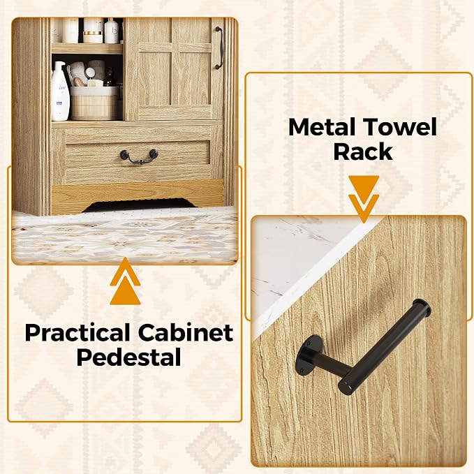 IRONCK Bathroom Vanity with Sink 30", Vanity Cabinet with Water Baffle | Engineered Marble Top & Ceramic Sink, Soft Close Drawer & Open Shelves, Easy Assembly, Farmhouse Vanity for Bathroom