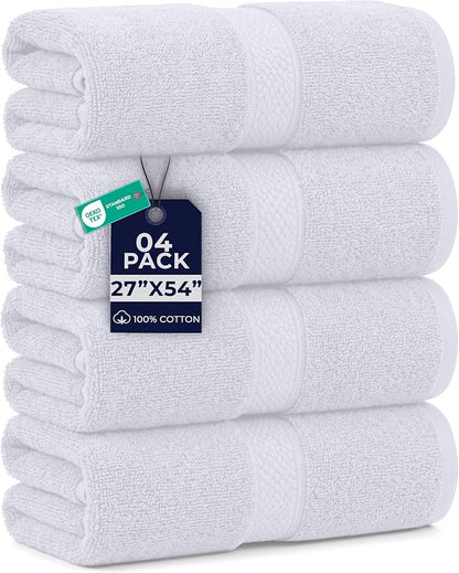 DAN RIVER 600 GSM Cotton Large Bath Towels Set of 4, 27 x 54 Inches, White | Larger & Lighter Weight Towels for Bathroom - Highly Absorbent & Quick Dry 100% Cotton Bath Towel Set for Home, Spa & Hotel