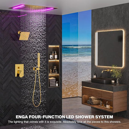 ENGA Bright Gold Dual Rain Shower Head System, 2 In 1 Functions Ceiling Mount 14x20inch LED Shower Head with 6 Inch Shower Head, Rainfall Waterfall Shower Faucet Set