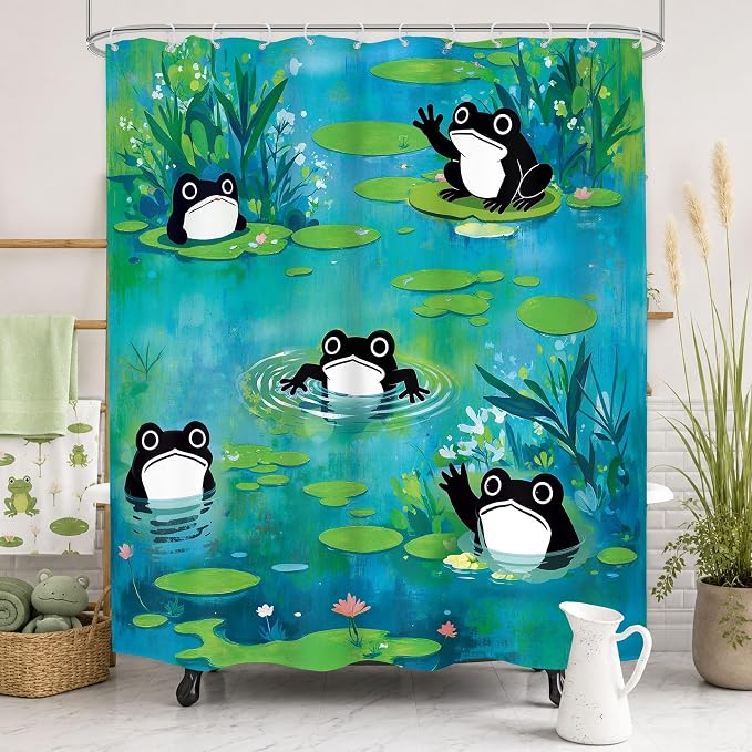 Funny Frog Cute Cartoon Animal Lotus Leaves Bathroom Shower Curtain Set | 60Wx71H Flowers Green waterproof HD print, quick-dry fabric, and 12 hooks for easy setup