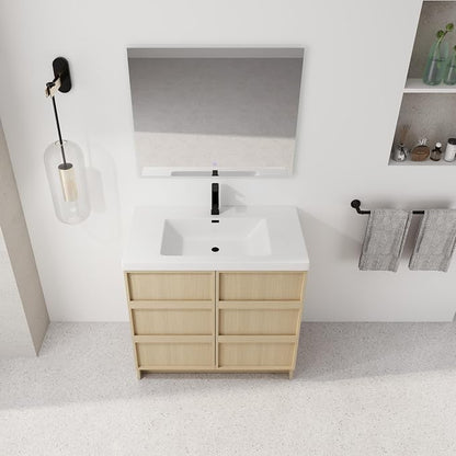 36-Inch Bathroom Vanity with Sink Mid-Century Bathroom Vanities with Top Basin Floor Wood Bathroom Sink Cabinet with Soft-Close Doors & Adjustable Storage Shelves (Oak)