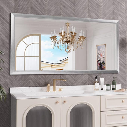 Bathroom Mirror for Wall, 72x36 Inch (Brushed Silver) | HD Reflection, Tempered Glass, Thick Metal Framed Rectangle Mirrors for Over Sink, Bedroom, Living Room, Entryway, Anti-Rust