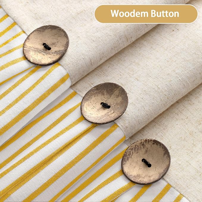 Farmhouse Shower Curtain Linen Button Yellow Stripe 72" W x 72" L | Farmhouse Style, Chic Button, Striped, Linen Fabric, Rustic, Country, Natural Look, Washable, for Bathroom Bathtub