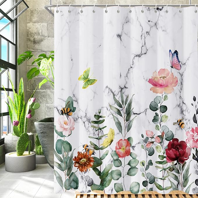 Floral Shower Curtain, Marble Flower Shower Curtains for Bathroom, Watercolor Plant Bathroom Curtain, Fabric Shower Curtains for Home Hotels Bathtubs Decor Easy Care Machine Washable 72x72