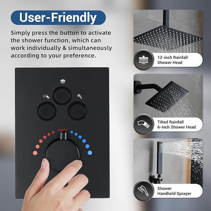 Thermostatic Dual Shower Head System, Matte Black Shower Faucet | 12 Inch Ceiling Rainfall Shower, 6 Inch Wall Mount Head, High Pressure Handheld Sprayer, Push Button Valve