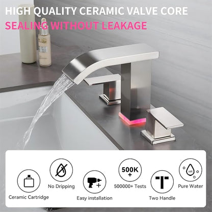 Bathroom faucets 3 Hole Brushed Nickel Vanity Faucet with led Waterfall Bathroom Faucet 3 Hole Sink Faucet Bathroom 8 inch Widespread Modern Parts Touch on 2 Handle(Brushed Nickel)
