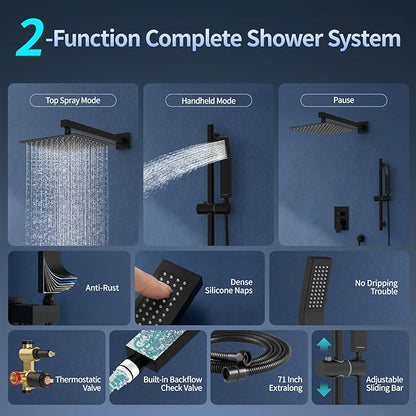 SR SUN RISE 10 Inch Slide Bar Shower Faucet Luxury High Pressure Shower Heads and Handheld Spray Combo Set Wall Mounted Shower System Included Valve and Trim Kit, Matte Black
