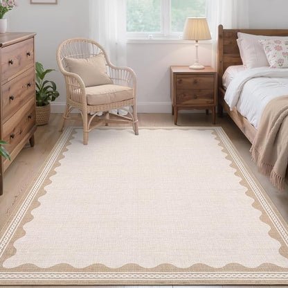 Garvee Large Washable Rug 9x12 Modern Indoor Living Room Rug Non Slip Beige | Stain-Resistant Low Pile Floor Cover Ultra Soft Foldable Bordered Print Carpet for Bedroom Nursery Office Dorm Kids Room
