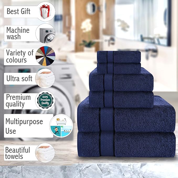 6 Piece 100% Cotton Bath Towel Set - 2 Bath - 2 Hand - 2 Face, Navy Blue | 100% Cotton • Thick & Plush • Hotel Quality • Ultra Soft • Highly Absorbent • Quick Dry • Low Lint • Machine Washable
