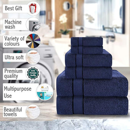 6 Piece 100% Cotton Bath Towel Set - 2 Bath - 2 Hand - 2 Face, Navy Blue | 100% Cotton • Thick & Plush • Hotel Quality • Ultra Soft • Highly Absorbent • Quick Dry • Low Lint • Machine Washable