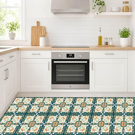 Teal Orange Floral Peel and Stick Floor Tiles 12x12 Inch 10PCS | Teal orange cream floral geometric pattern vinyl floor stickers for kitchen bathroom entryway and indoor home decor