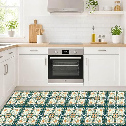 Teal Orange Floral Peel and Stick Floor Tiles 12x12 Inch 10PCS | Teal orange cream floral geometric pattern vinyl floor stickers for kitchen bathroom entryway and indoor home decor