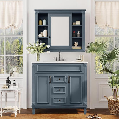 36" Bathroom Vanity with Top Sink, Mirror Cabinet, Modern Bathroom Storage Cabinet with 2 Soft Closing Doors and 2 Drawers, Single Sink Bathroom Vanity