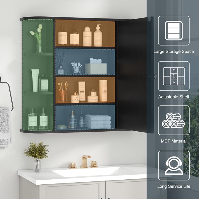 DL-win Bathroom Medicine Cabinet with Mirror, Wall Mounted Home Storage with Door, Over The Toilet Space Saver Storage Cabinet, Bathroom Cabinet Wall Mounted, Black