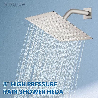 Airuida 8 Inch Shower Faucet Set,Bathtub Faucet Kit,Brushed Nickel | Shower Tub Faucet Set,Male Threads Rough-In Valve,Square Head Shower System