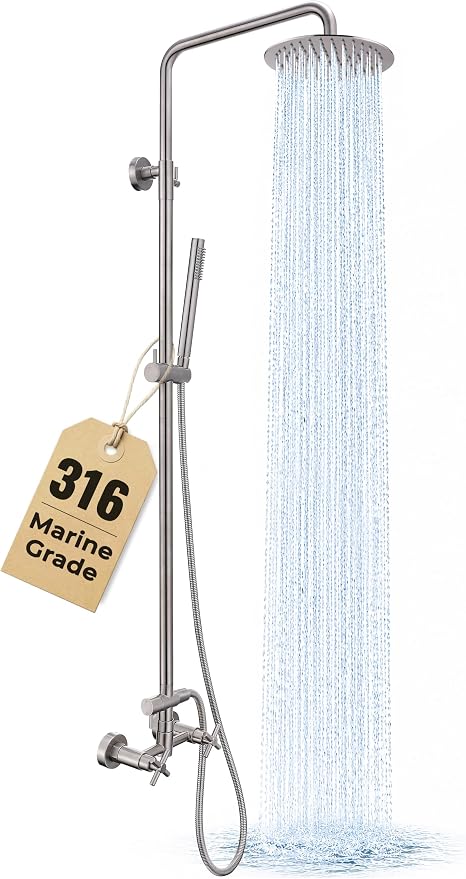 G‑Promise 316 Marine Grade Stainless Steel 8 Inches Outdoor Shower Kit | SUS 316 Stainless Steel, Built to Last, Easy Install, Height Adjustable, Wall Mounted, for Poolside, Backyard, Coastal Homes