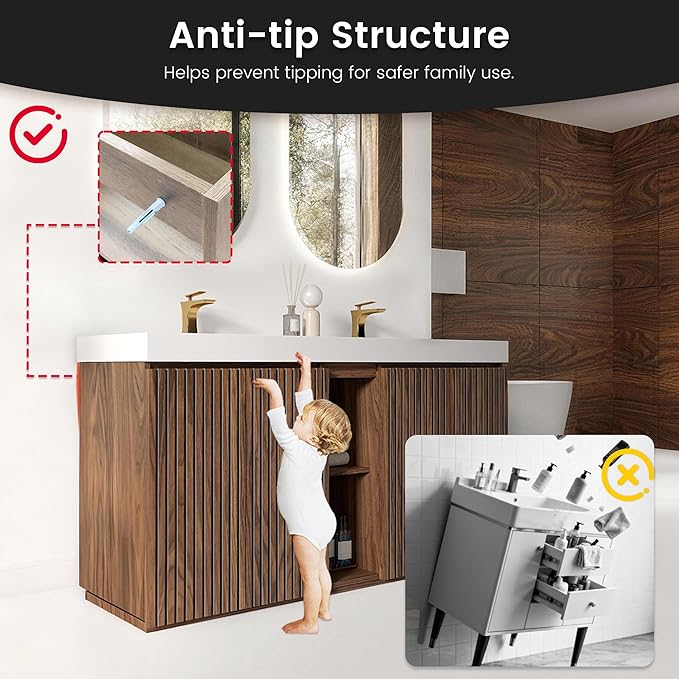 60" Bathroom Vanity with Double Sink, Freestanding Double Sink Bathroom Vanity with White Engineered Stone Top, Open Storage Cabinet & Adjustable Shelf, 4 Soft-Closing Doors, Walnut