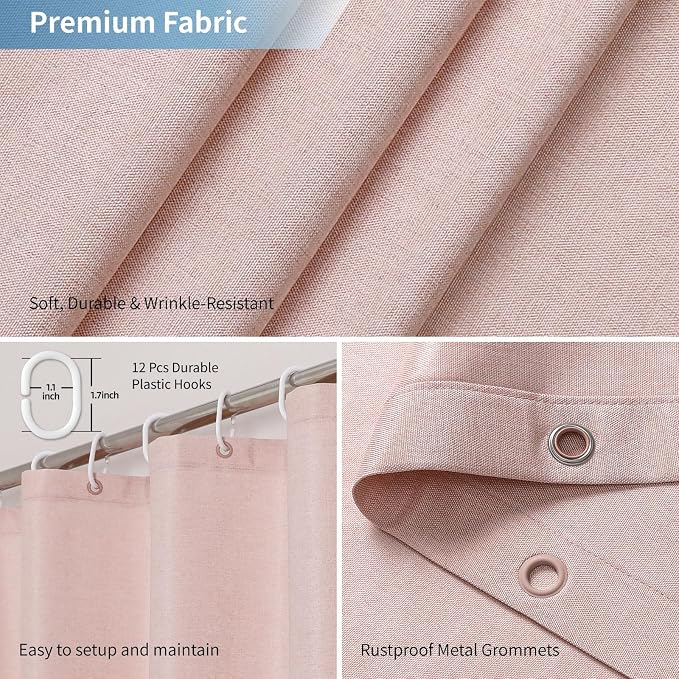 Extra Long Fabric Shower Curtain with Waterproof Layer,72x84,Blush | 2-in-1 Design,Linen Textured,100% Waterproof TPU-Laminated Backing,Magnetic Weighted,Machine Washable,For Bathroom,Hotel