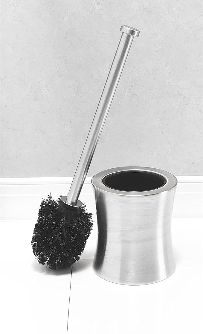 Bath Bliss Hour Glass Shape Weighted Bottom Toilet Brush & Holder Set, Heavy Duty Brush, Silver, 4.5"L x 4.5"W x 15.4"H