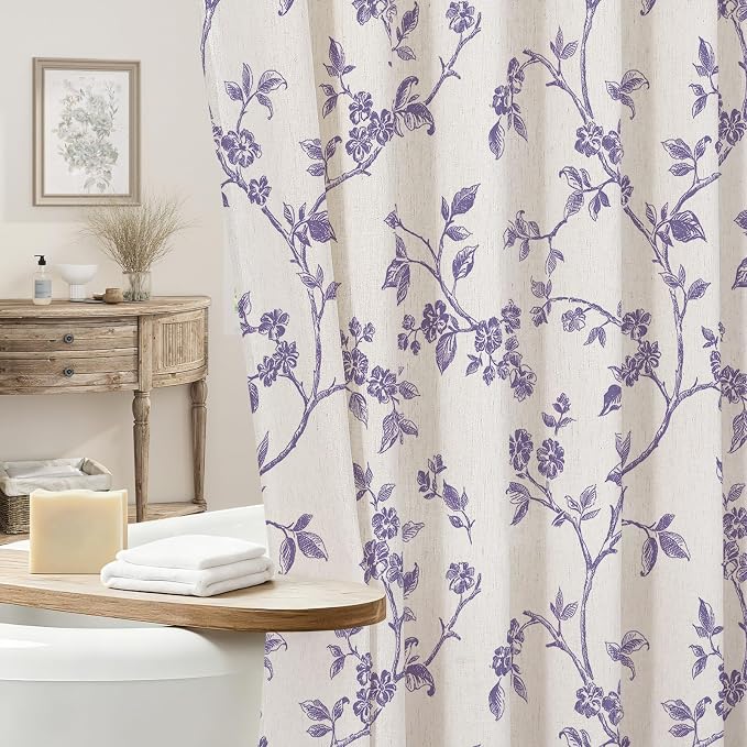 MitoVilla Purple Linen Floral Shower Curtain for Bathroom, 72 x 72 | Purple BoHo Cottagecore Spring Shower Curtains, Modern Farmhouse Country Plant Leaves Bathroom Décor, 72 x 72