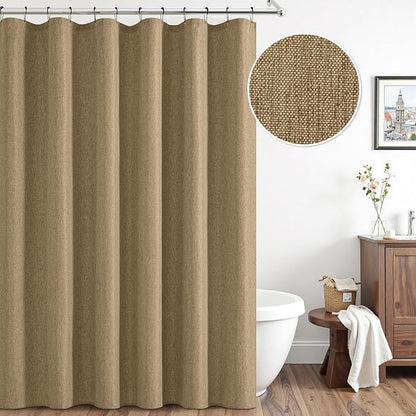 ANRODUO Khaki Linen Textured Fabric Shower Curtain Set - W72xL72 | Farmhouse Shower Curtain with 12 Metal Hooks, Waterproof Heavy Duty, Button Hole Design, Machine Washable for Bathroom