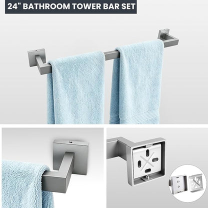 24 Inch Brushed Nickel Bathroom Hardware Set,4 Pack Bathroom Towel Bar Set | 24Inch Square Bathroom Towel Bar, Modern Design, SUS304 Stainless Steel Premium Material, Wide Drying Space Towel Rack