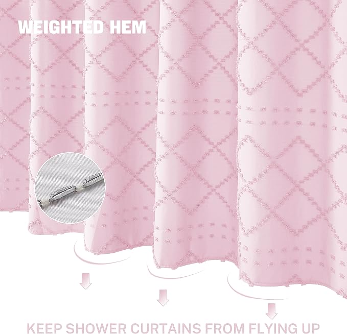 Siiluminisoy Extra Long Pink Boho Shower Curtain Woven Fabric Cute 84 Inch Shower Curtain, 72 x 84 Tufted Chevron Textured Striped Modern Farmhouse Minimalist Cloth Shower Curtain for Bathroom