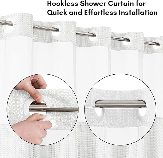 Americanflat 72x75 Hookless Waffle Pattern Shower Curtain - Water-Resistant Long Shower Curtain with Sheer Panel, Snap-in Liner, and Durable Grommets - 100% Polyester - White