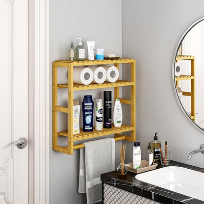 Galood Over The Toilet Storage Bathroom Shelves Wall Mounted Yellow | 3 Tier Space Saver Corner Shelf Organizer Bamboo Towel Rack Toilet Paper Cabinet with Hanging Rod